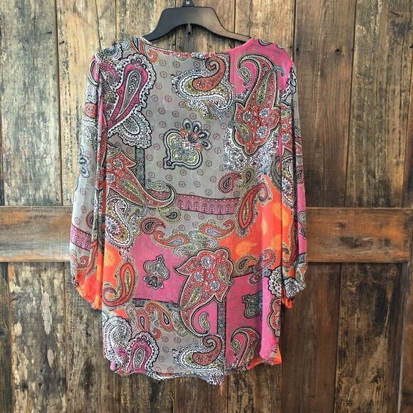 Style & Co. Sz M Sheer Orange Paisley Embroidered Lace Bohemian Blouse - Picture 5 of 7